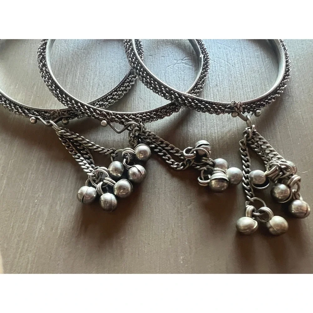 Bangle Bracelet Set 3pc Silver Tone Jingle Bell Charms Boho Ethnic Festival
